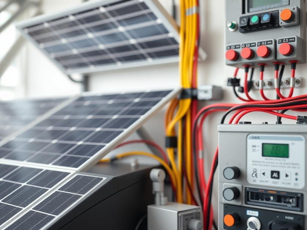 A close-up image of interconnected energy components such as solar panels, batteries, and control systems, showcasing the seamless integration of technology. The focus should be on the harmonious interaction of these systems, with a clean background that highlights the innovation in energy management.