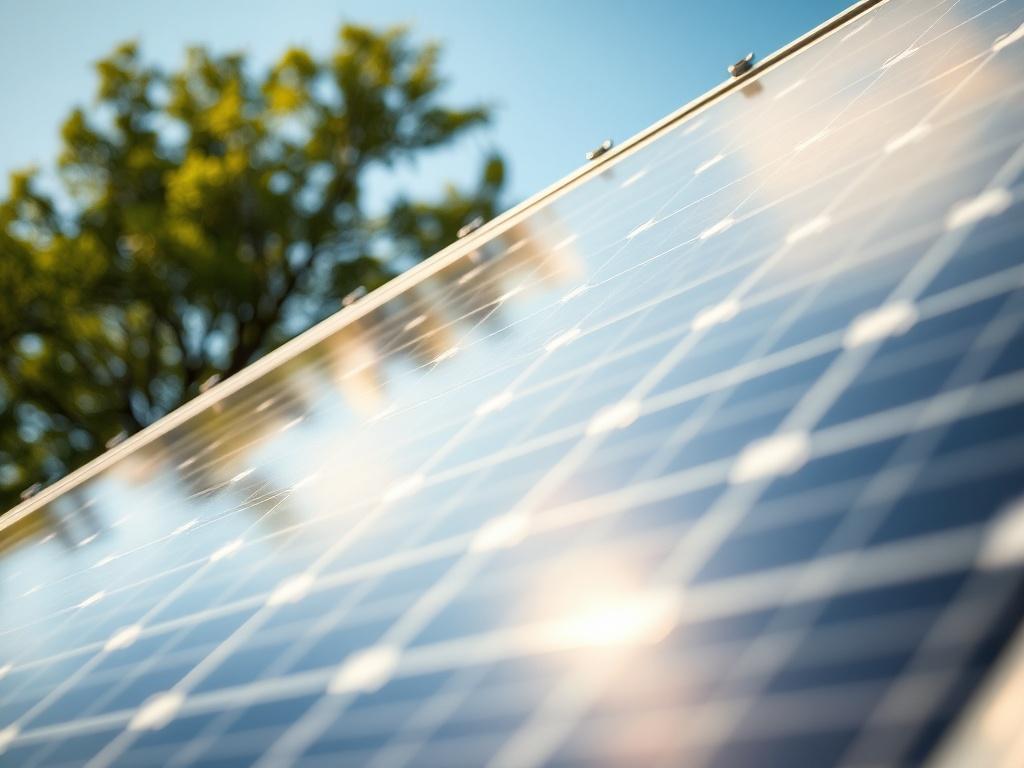 A hyper-realistic close-up shot of a solar panel installation in an urban setting, showcasing the intricate details of the solar cells and their installation. The background is a clear blue sky with a hint of green trees to symbolize sustainability. The lighting highlights the reflective surface of the panels, emphasizing their modernity and efficiency. Shot with a 45mm f/1.2 lens to create a soft bokeh effect around the edges.