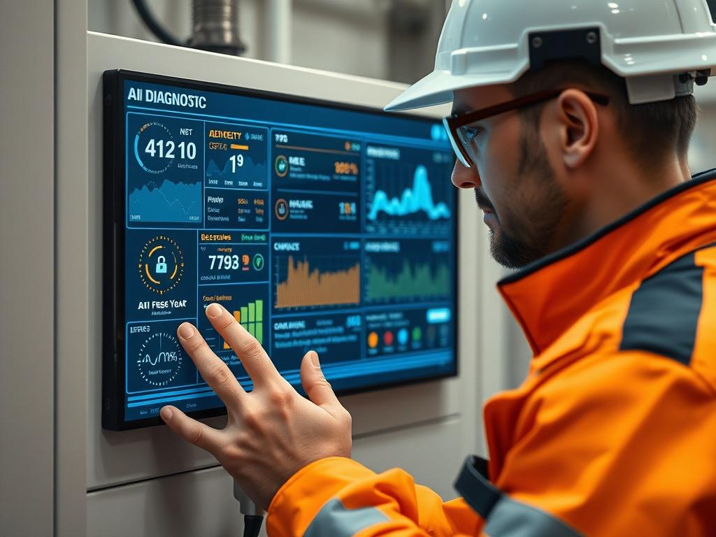 A focused shot of a technician interacting with a digital interface showcasing AI diagnostics for energy systems. The screen should display various alerts and data metrics, highlighting the technology at work. The background should be slightly blurred to keep the focus on the technician and the interface, shot with a 45mm f/1.2 lens style.