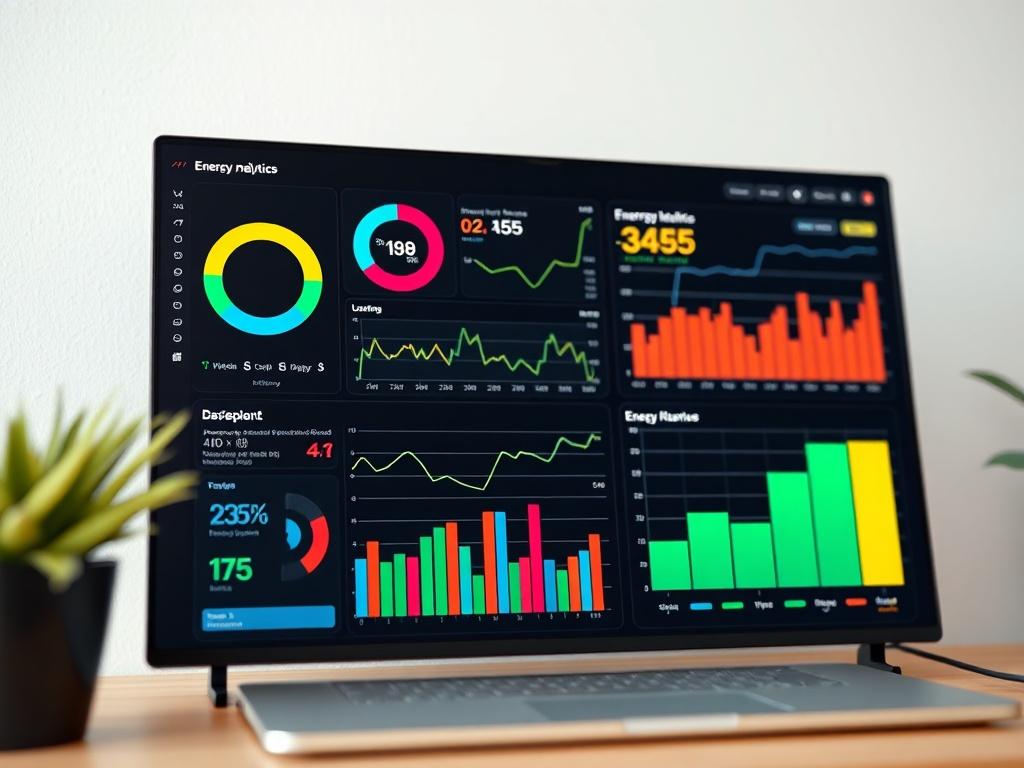 A high-resolution image depicting a digital dashboard displaying energy analytics and usage graphs. The dashboard should show various metrics and colorful data visualizations, emphasizing clarity and detail. The background should be minimalist, allowing the dashboard to stand out, shot with a 45mm f/1.2 lens style.