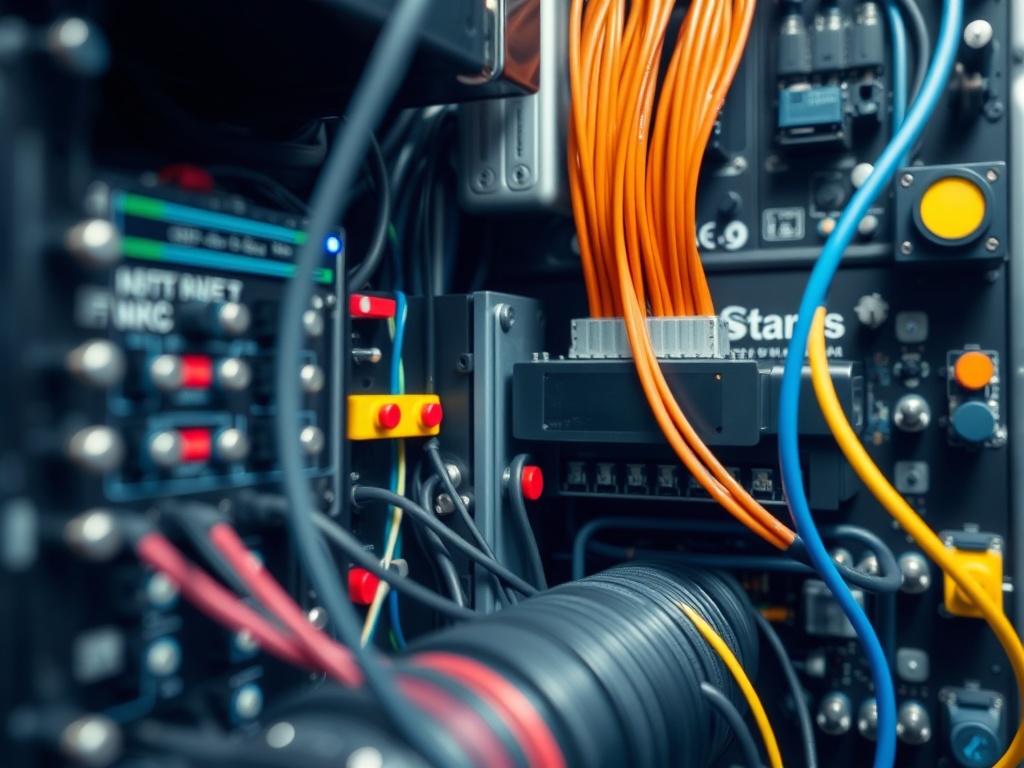 A close-up shot of a complex energy integration system with various components, highlighting cables and connections. The background should be softly blurred to emphasize the intricate details of the integration layer, shot with a 45mm f/1.2 lens style. The colors should be vibrant and engaging, drawing attention to the technology.