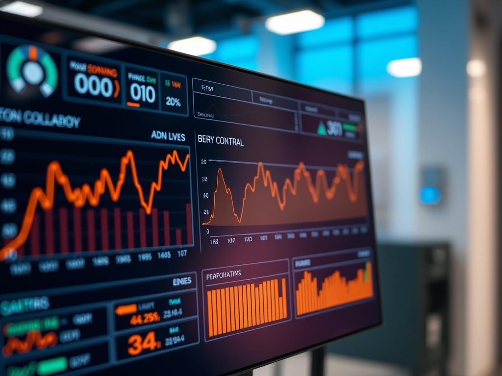 A close-up shot of a modern energy management dashboard displaying real-time energy consumption data. The interface shows dynamic graphs and metrics, indicating load control adjustments. The background features a clean, tech-oriented environment with soft lighting, highlighting the advanced technology behind energy optimisation.