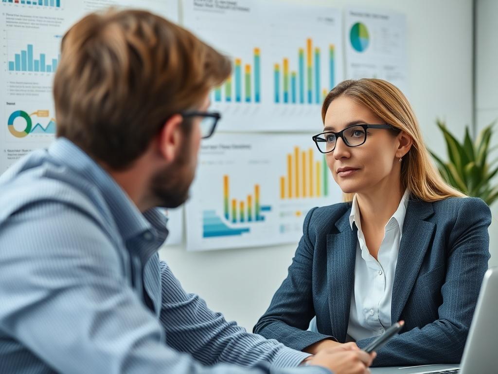 A close-up shot of a consulting session where a professional discusses energy strategies with a client. The background features charts and sustainability reports, illustrating the focus on decarbonisation and strategic planning. The setting is modern and professional, emphasizing collaboration in energy solutions.