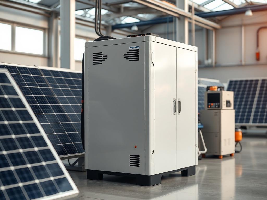 A close-up shot of a battery energy storage unit in a commercial setting. The unit is sleek and modern, surrounded by solar panels and energy management devices. The background is softly lit, showcasing a professional environment focused on energy innovation.