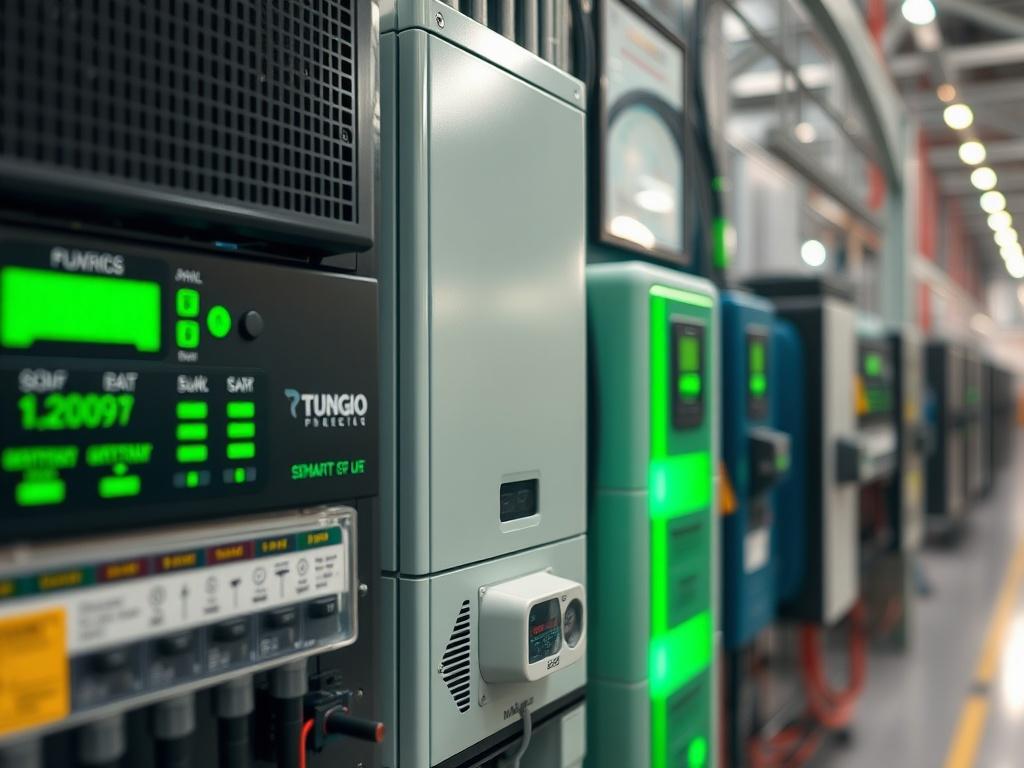 A hyper-realistic close-up shot of a state-of-the-art energy management system, showcasing various components like solar inverters, batteries, and smart meters. The composition should focus on the intricate details of the technology, with a blurred background that hints at a modern energy facility. The color scheme should include vibrant greens, reflecting the rgb(50, 170, 39) primary color, emphasizing innovation and sustainability.