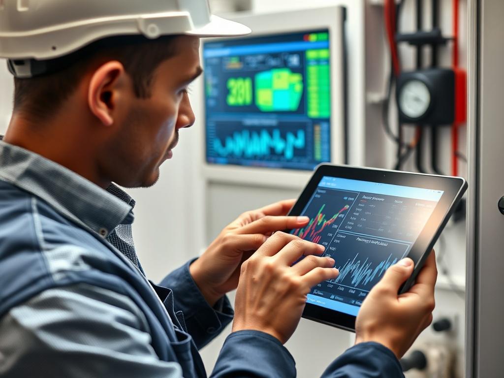 A close-up shot of a technician analyzing data on a tablet, with graphs indicating anomalies in energy consumption. The technician is dressed in professional work attire, and the environment is a clean and organized workspace, highlighting a focus on technology.