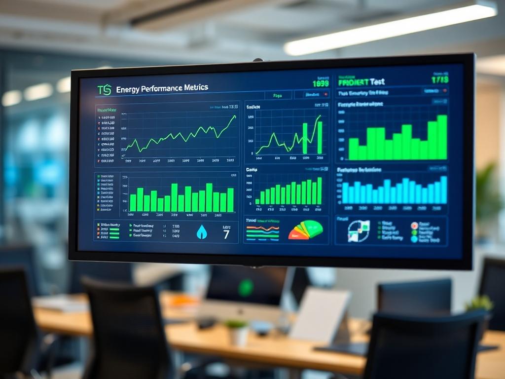A close-up shot of a digital screen displaying energy performance metrics with graphs and charts. The background is a modern office environment, softly blurred to emphasize the screen. The colors are vibrant, focusing on green and blue tones to represent energy efficiency.