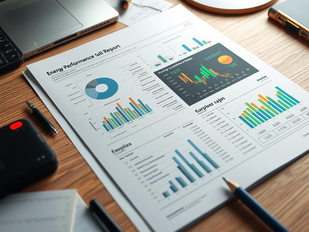 A close-up shot of a printed report with graphs and technical data on a desk, surrounded by office supplies. The report is well-organized and visually appealing, showcasing various metrics related to energy performance, with a focus on clarity and professionalism.