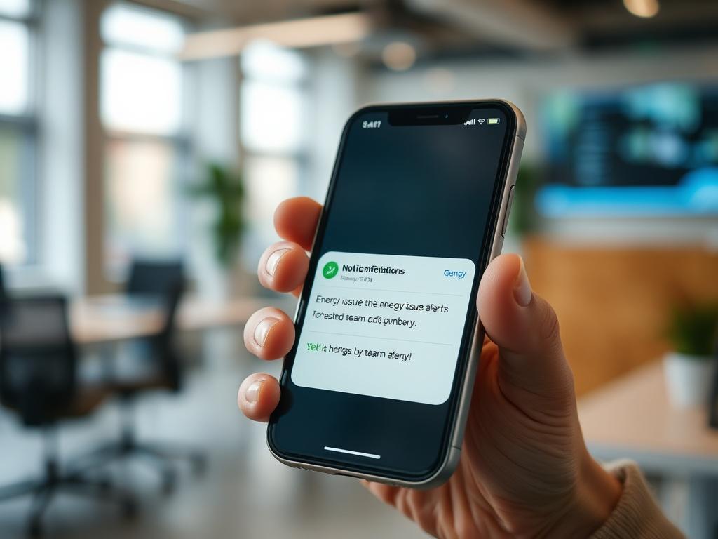 A close-up view of a notification alert on a smartphone, highlighting energy issue alerts being sent to team members, with a blurred background of an office environment.