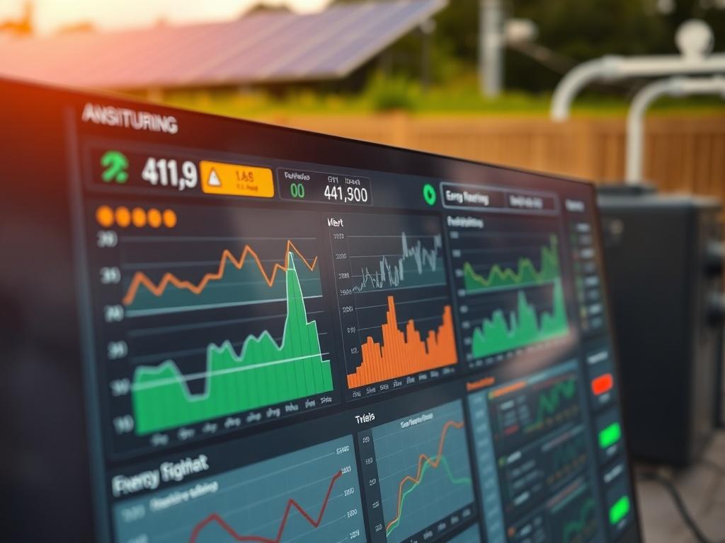 A close-up image of a sophisticated energy monitoring dashboard displaying real-time data and alerts, focusing on the detection of anomalies in energy usage, with a background of solar panels and battery storage systems.