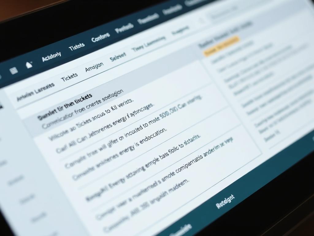 A close-up shot of a digital ticketing system interface, showing open tickets for various energy issues, with an organized layout and highlights on status updates.
