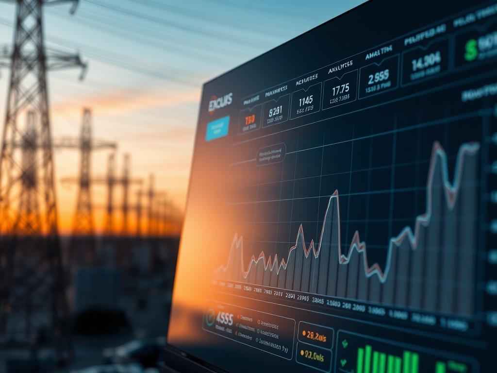 A close-up shot of an AI analytics interface, showcasing verified data points and historical energy usage trends, set against a backdrop of energy infrastructure.