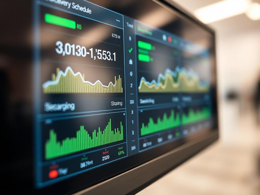 A close-up shot of a battery management system interface, showcasing charging and discharging schedules. The background should be minimalistic, emphasizing the technology and analytics in use. The image should be high-resolution and realistic, reflecting the efficiency of energy storage management.