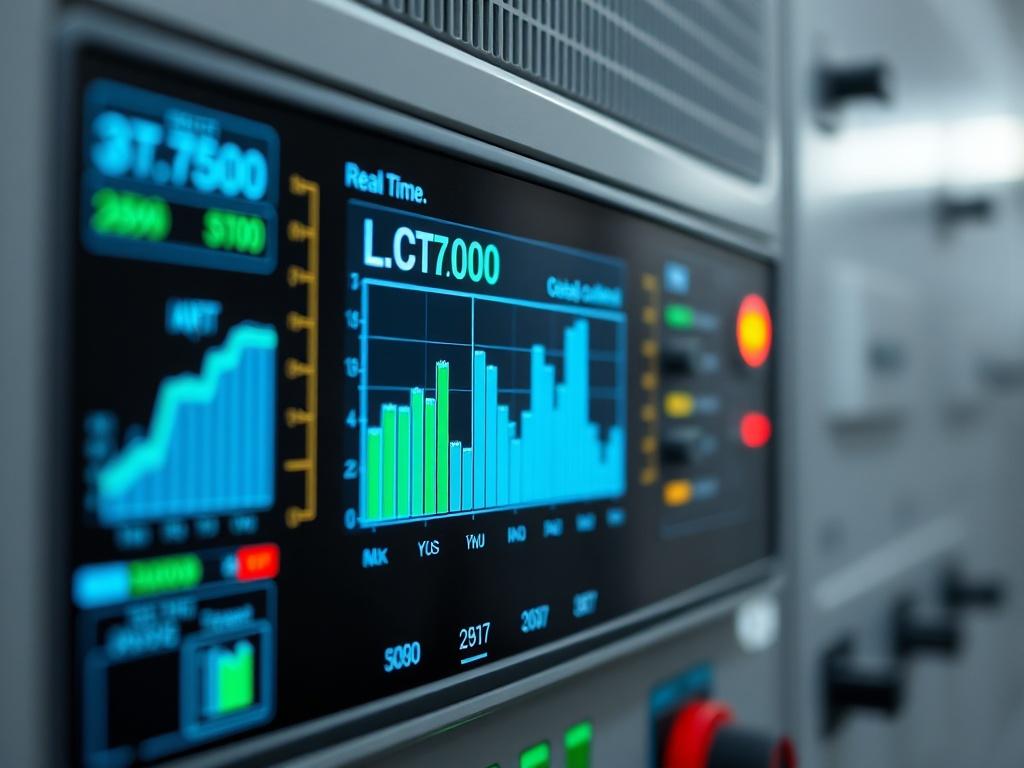 A close-up shot of an energy management system displaying real-time load control metrics. The background should be clean and focused, illustrating the technology's capabilities in managing energy loads. The image must be realistic and high-resolution, showcasing the precision of load management.