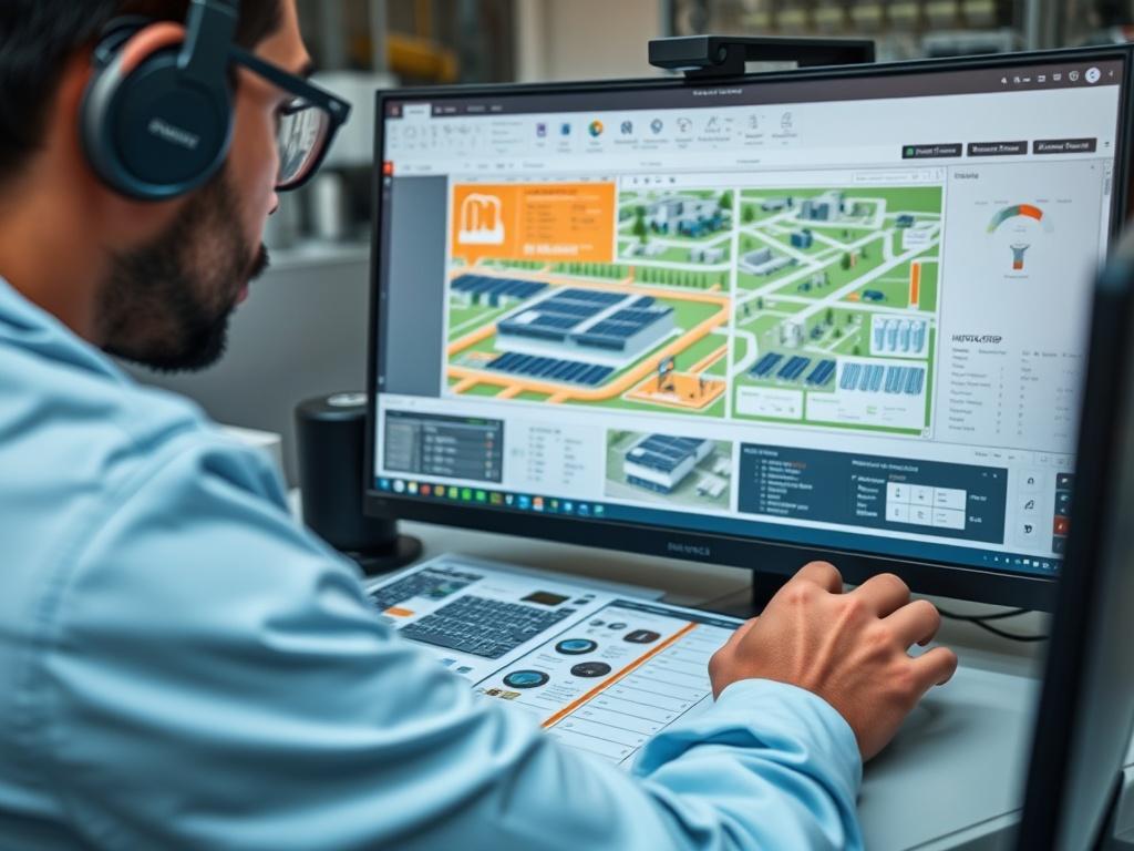 A close-up shot of an engineer working on a computer with design software, showcasing a detailed microgrid layout, with a focus on solar panels and battery storage, shot with a 45mm f/1.2 lens.