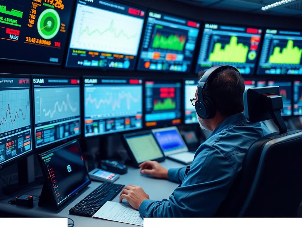 A close-up shot of a control room with monitors displaying real-time energy data and alerts, with a focused operator analyzing the metrics, shot with a 45mm f/1.2 lens.