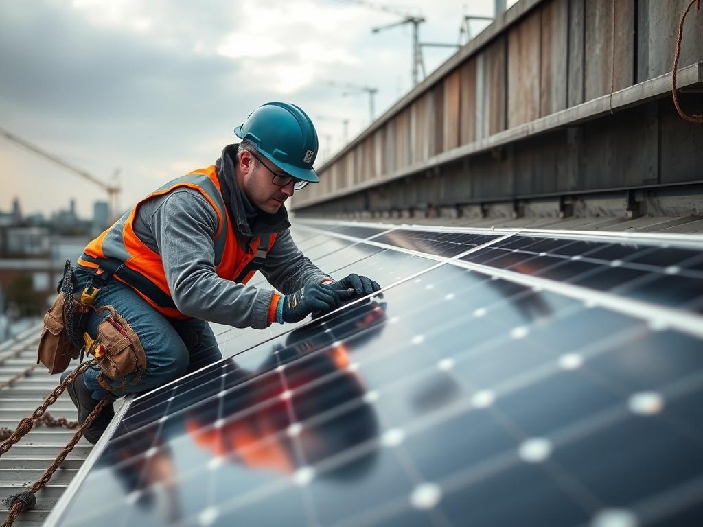 A close-up shot of a technician installing solar panels on a commercial rooftop, with tools and safety equipment visible, shot with a 45mm f/1.2 lens.