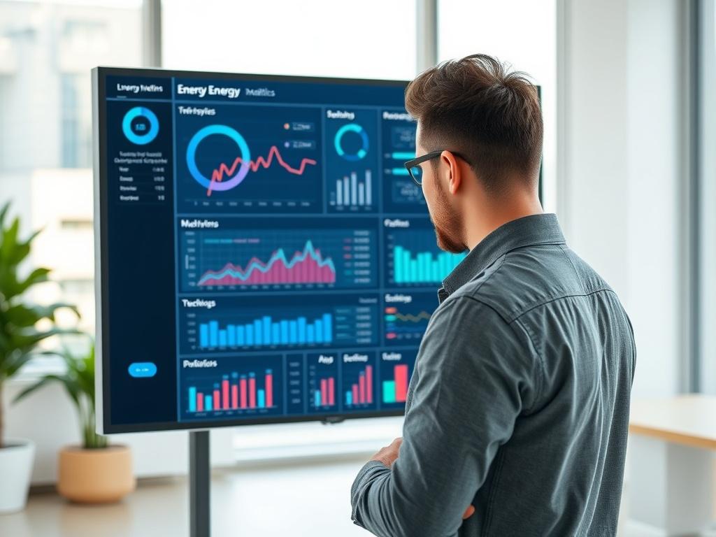 A realistic high-resolution photo of a modern energy management system dashboard displaying energy metrics and analytics. The dashboard should have clear graphs, charts, and digital interfaces, emphasizing the integration of data from various sources. The setting should be a bright, minimalist office environment with natural light, showcasing a single subject—a professional examining the dashboard. The image should convey a sense of innovation and technology, with a color palette that includes the rgb(50, 1
