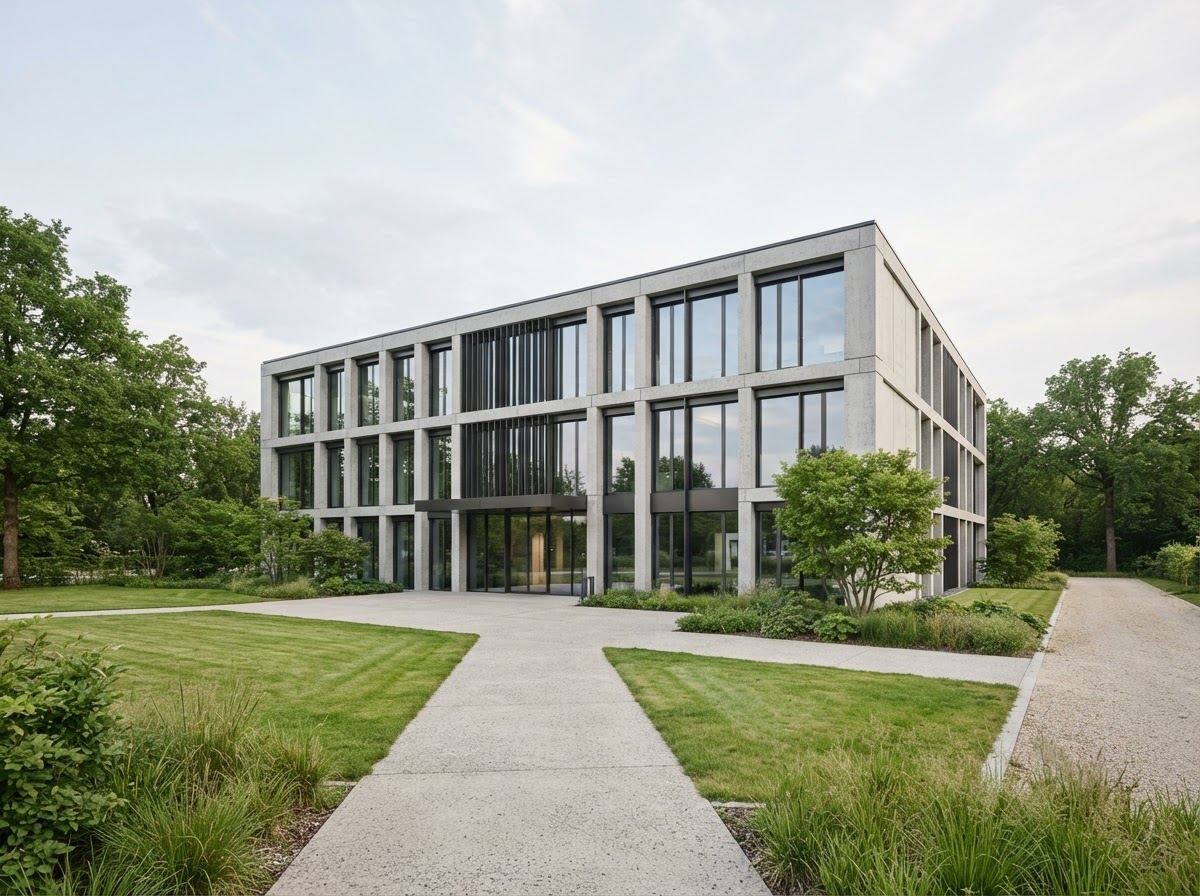Modern commercial property with a clean structural facade