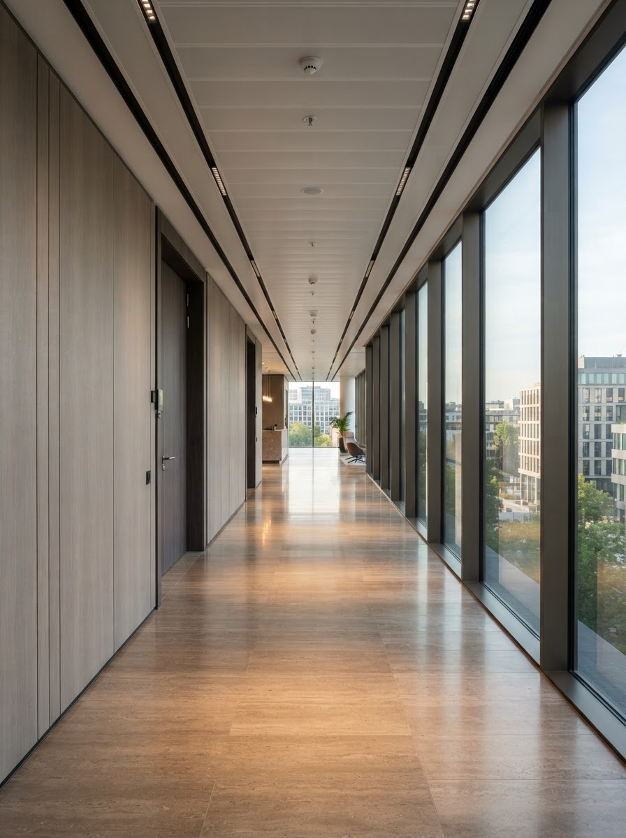 Daylit contemporary office corridor with glass and stone details