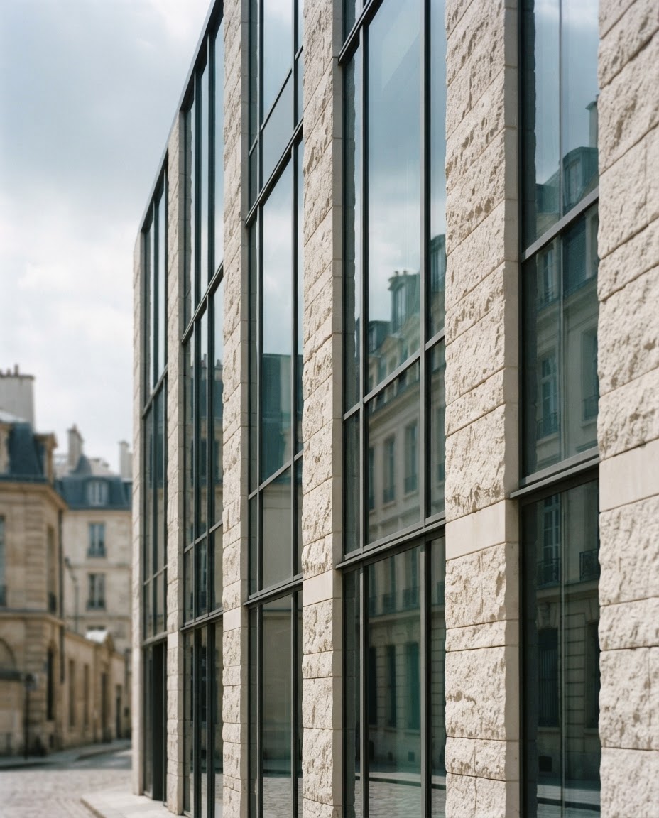 Architectural detail in glass, concrete and stone
