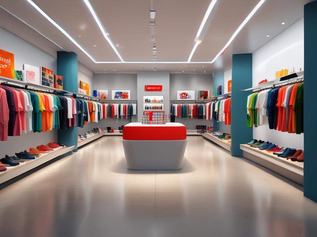 A high-resolution 360-degree virtual tour of a modern retail store, showcasing vibrant colors and clean lines. The store should be well-lit, emphasizing essential elements like products and displays. The background should be minimalistic to focus on the immersive experience, capturing the essence of a digital walkthrough.