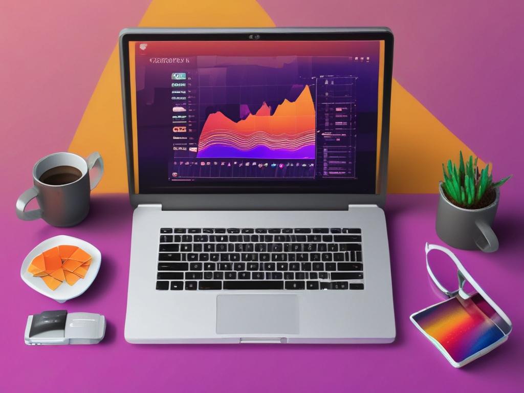 high-resolution photo of a laptop on a desk with social media analytics displayed, clean lines, vibrant colors, minimalistic background