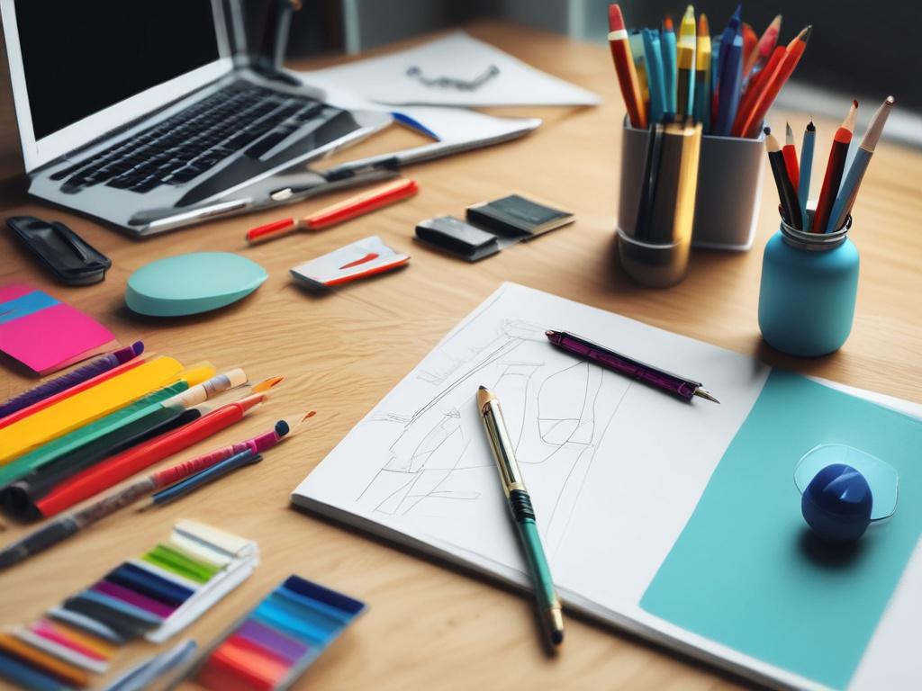 high-resolution photo of a branding workshop in progress, showcasing design sketches and color palettes, clean lines, vibrant colors, minimalistic workspace