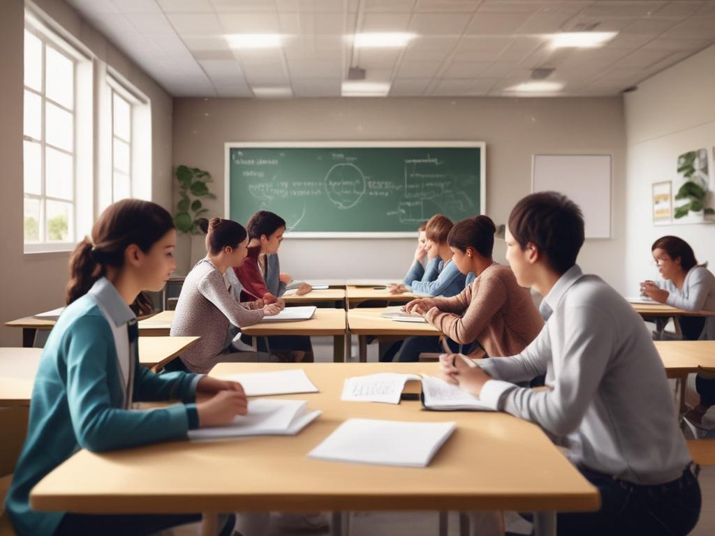 A serene classroom setting with students engaging in discussions, soft