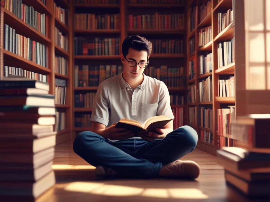 A thoughtful student studying in a library, surrounded by theology