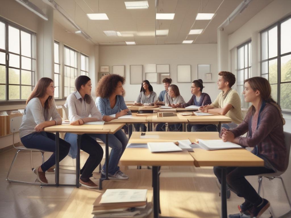 A serene classroom setting with students engaged in discussion, soft