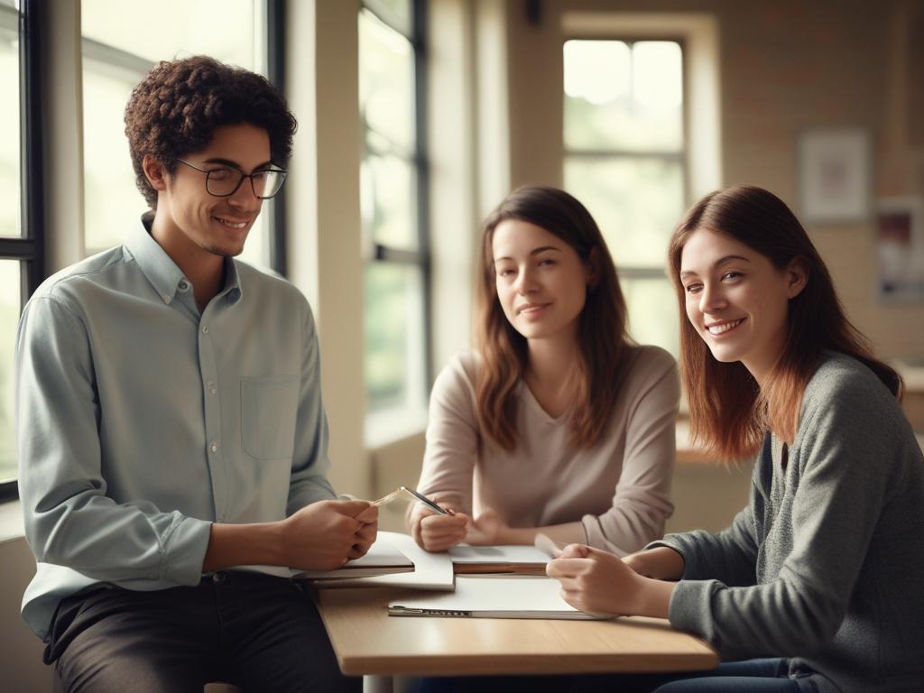 **AI Image Generation Prompt:**

Create a realistic high-resolution image that embodies the theme "Transforming Lives Through Education." The composition should feature a single subject: a diverse group of three adult learners (one male and two females from different ethnic backgrounds) engaged in a collaborative study session around a wooden table. 

The subjects should be shown from a slightly elevated angle, smiling and deeply involved in discussing a theological textbook, with open notebooks and pens sc