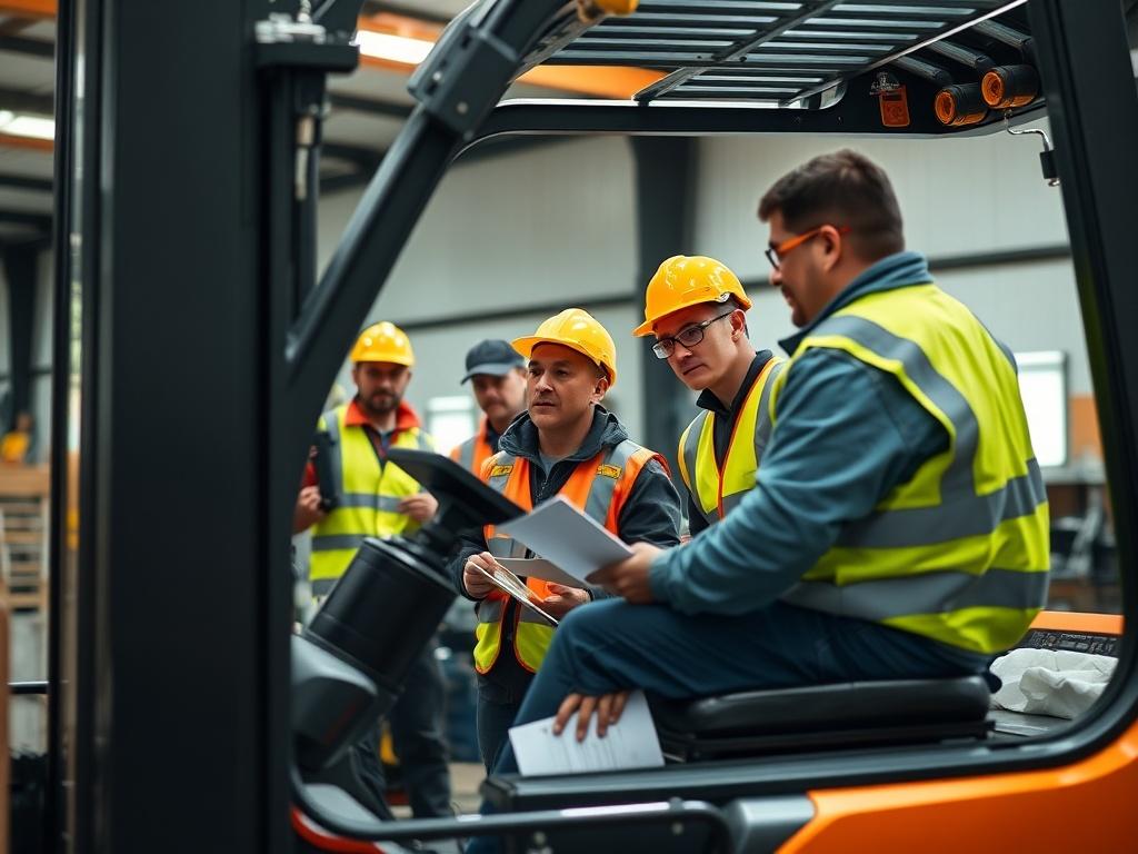 A hyper-realistic close-up shot of a forklift training session, featuring a diverse group of trainees engaged in hands-on learning with a forklift. The setting is an indoor training facility, showcasing safety gear and training materials. The image should have a bright, focused lighting, highlighting the trainees' concentration and the instructor's guidance, with a soft blurred background to keep attention on the subjects. The colors should complement the primary color rgb(50, 170, 39).