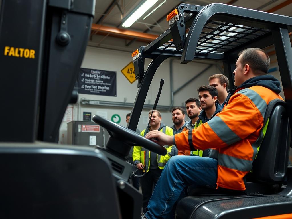 A close-up shot of a forklift instructor demonstrating proper operation techniques to a group of attentive students in a training environment. The instructor is showing how to operate the forklift safely, with the forklift in the foreground and students focused on the demonstration. The background is a well-lit training facility, showcasing safety signage and training materials. The image should be hyper-realistic, shot with a 45mm f/1.2 lens, emphasizing the interaction and learning atmosphere.