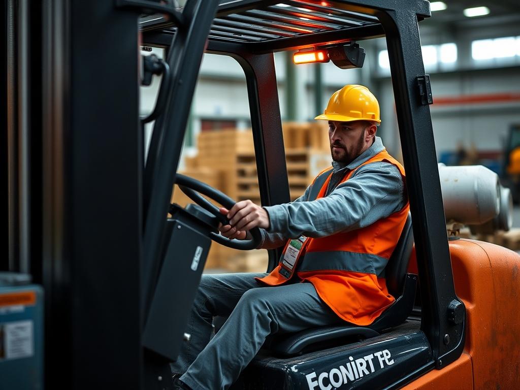 A close-up shot of an advanced forklift operator skillfully maneuvering a forklift in a training setting, demonstrating advanced techniques. The operator is focused and confident, with the forklift in motion and various obstacles in the background to showcase the complexity of the training. Safety gear is prominently displayed. The image should be hyper-realistic, shot with a 45mm f/1.2 lens, capturing the intensity and focus required in advanced forklift operation.