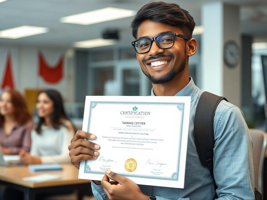 A close-up shot of a proud student holding their certification document, smiling with satisfaction. The background should be a training center, showcasing a positive and energetic atmosphere. The image should be bright and vivid, aligning with the rgb(50, 170, 39) theme.