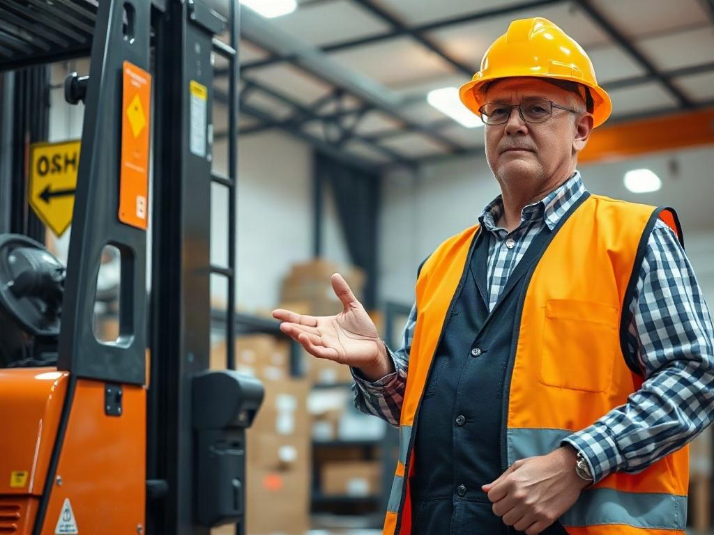 **AI Image Generation Prompt:**

Create a realistic high-resolution photo depicting a professional forklift trainer demonstrating safe operating techniques to a focused group of trainees. The trainer, a middle-aged individual wearing a safety vest and hard hat, should be shown in the foreground, demonstrating best practices while standing next to a well-maintained forklift. The background should include a bright, well-lit warehouse setting that emphasizes safety, with clear signage indicating OSHA regulatio