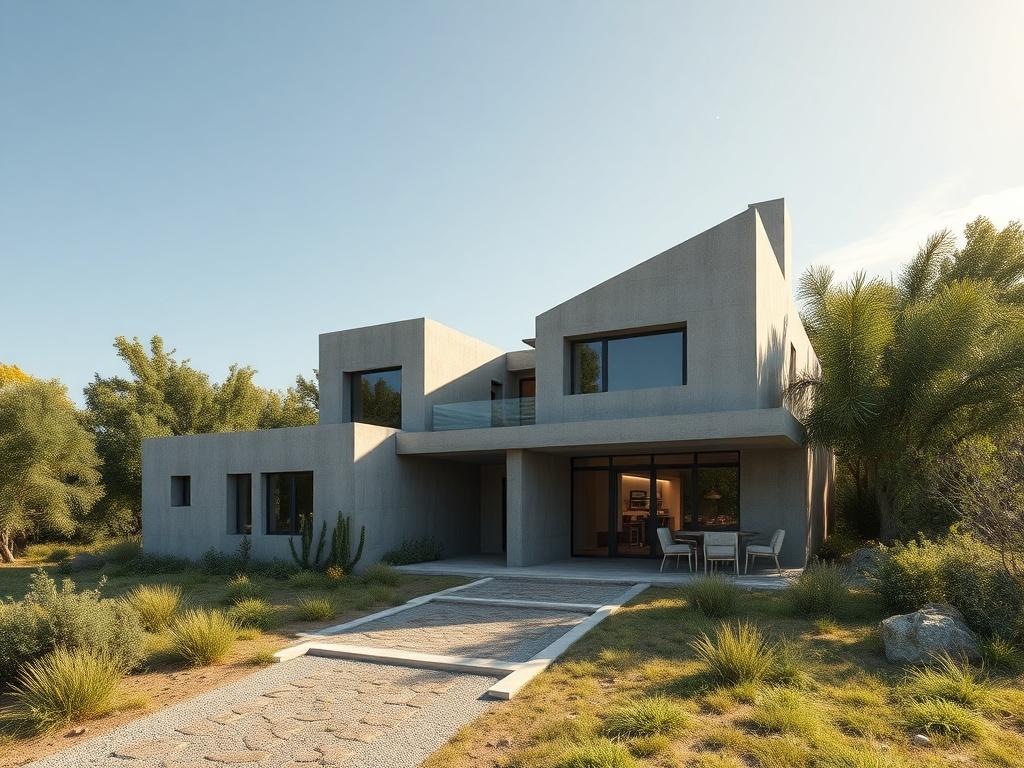 A realistic high-resolution photo of a 3D concrete printed house in a serene natural setting. The house should showcase unique architectural features, blending seamlessly with the landscape. Use natural tones and earthy textures for the exterior, surrounded by greenery. The sky should be clear with soft sunlight illuminating the structure, creating a warm and inviting atmosphere.