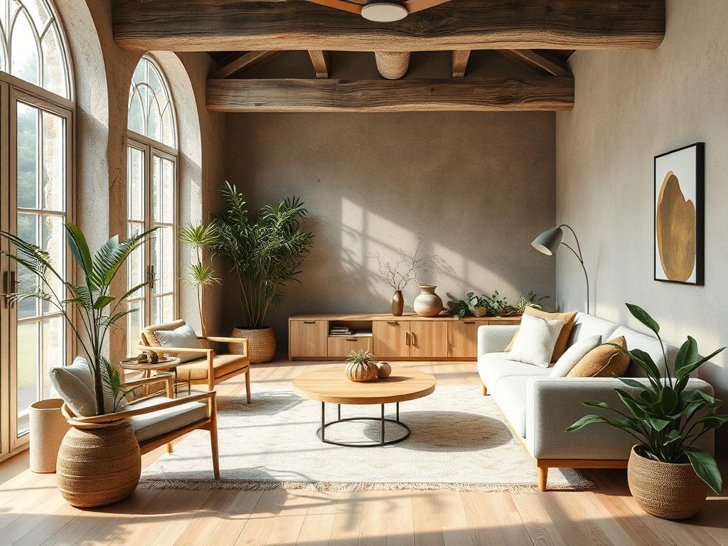 A high-resolution photo of an AI-integrated interior space designed for wellness. The room should feature modern furniture with natural materials, soft lighting, and greenery. Smart technology elements should be subtly integrated, showcasing a harmonious blend of comfort and innovation. The overall aesthetic should evoke tranquility, with earthy tones and textures, reflecting a nurturing environment.