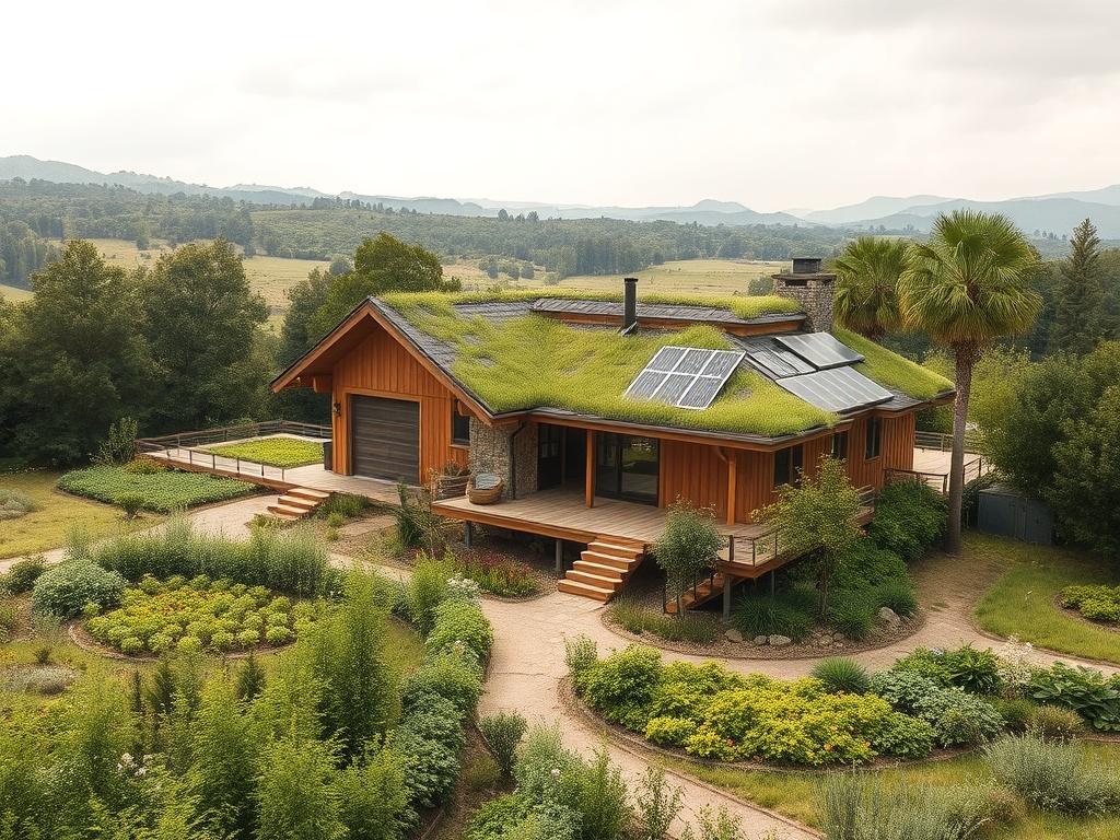 A realistic high-resolution photo of a net-zero energy house in a lush landscape. The house should feature solar panels and green roofs, seamlessly integrating with nature. Use earthy colors and textures to reflect sustainability. The surrounding area should include gardens and trees, emphasizing a connection to the land and a commitment to eco-friendly living.