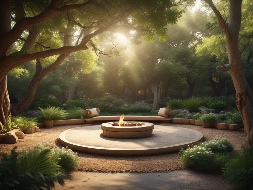 A realistic high resolution of an outdoor healing space surrounded