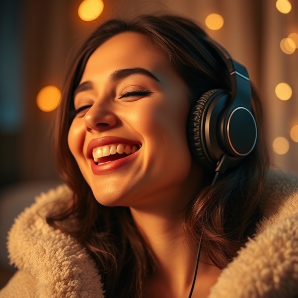 Person listening to music with headphones, smiling warmly during a special emotional moment