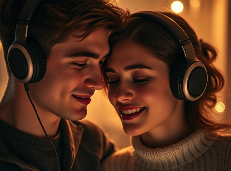 Young couple both wearing headphones listening together with woman crying happy tears