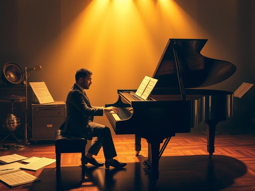 A cozy, serene setting featuring a grand piano illuminated by