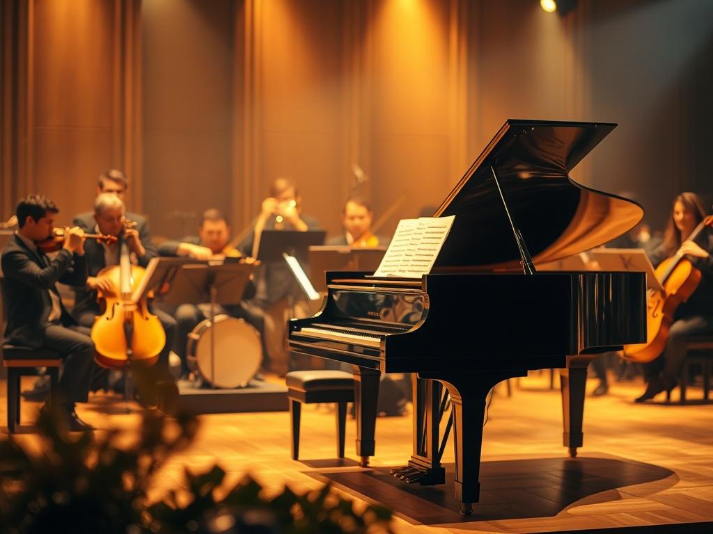 A serene orchestral setting with a grand piano in the