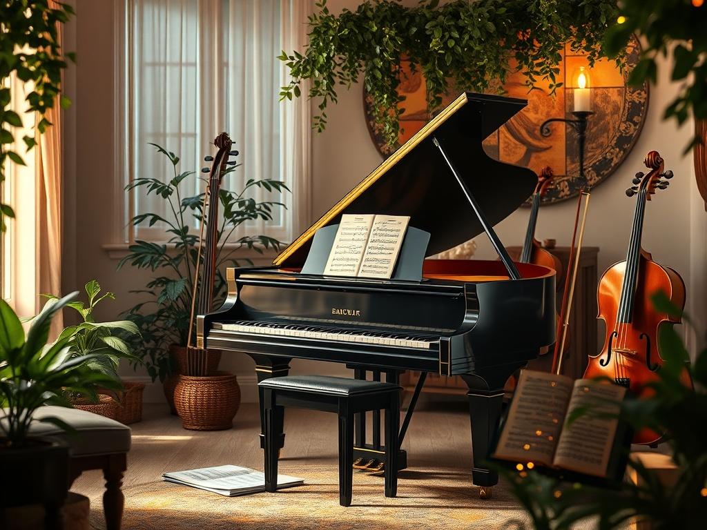 A serene scene featuring a grand piano in a softly