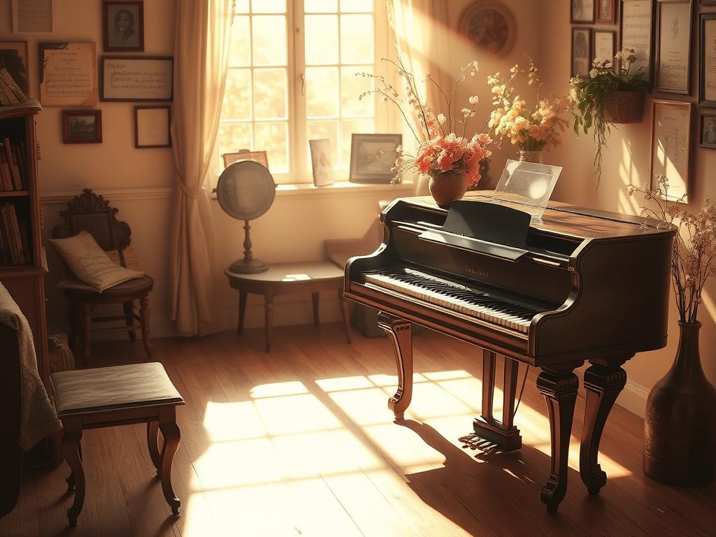 A tranquil scene of an old, elegant piano situated in