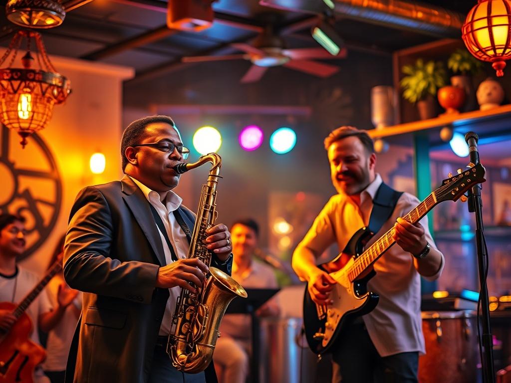 An energetic scene of musicians performing Latin jazz in a
