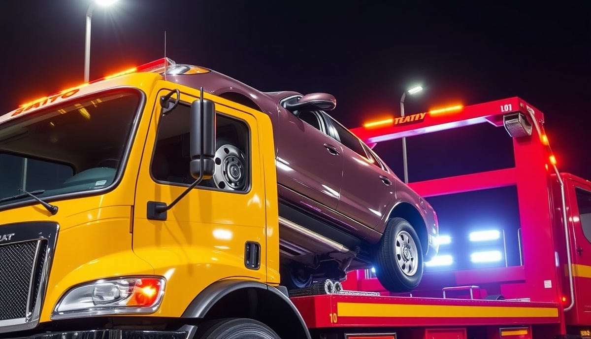 Repo tow truck towing away a car