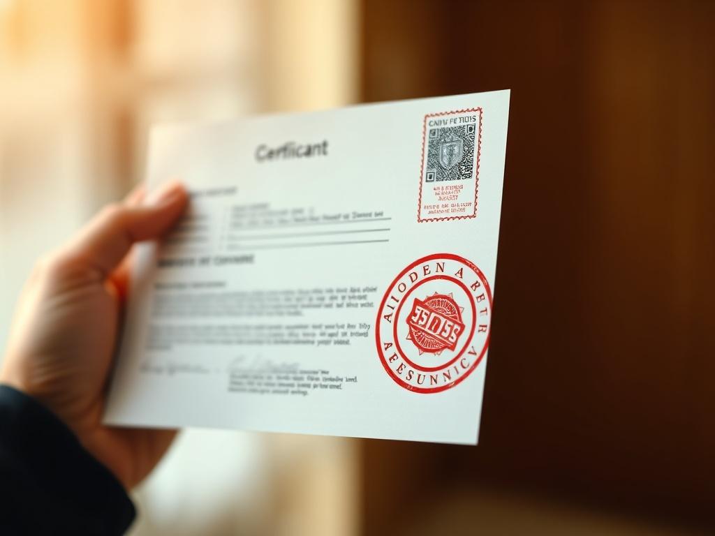 A close-up shot of a hand holding a stamped and sealed document, symbolizing attestation services. The background is softly blurred to emphasize the document, with a warm color palette that complements the #C31755 primary color theme. The lighting is bright and natural, highlighting the details and authenticity of the document.